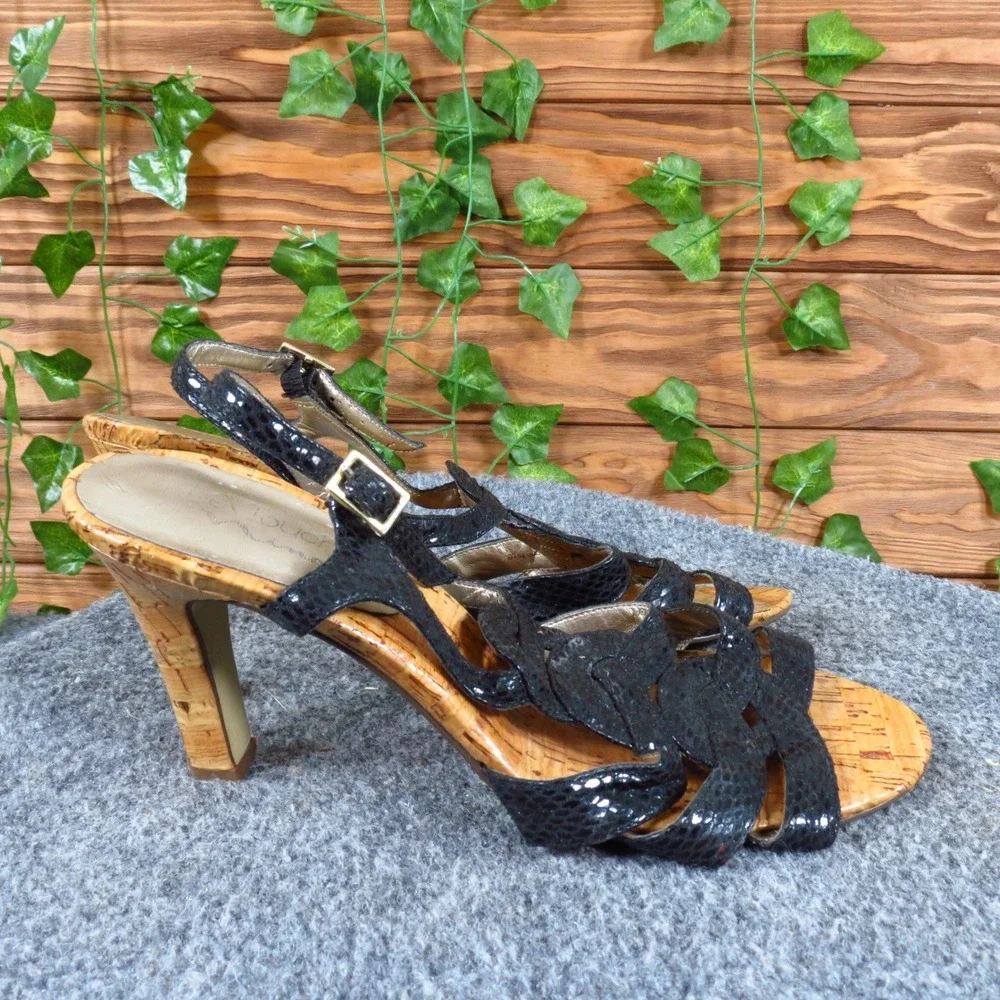 Touch of‎ Nina Larado Women Heel Size 8 Dress Sandal Black Leather Cork Strappy
